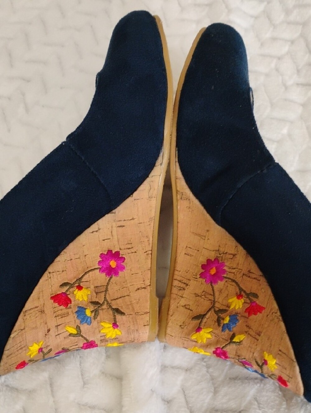 Rialto Navy Suede Wedge Heels with Floral Cork Wedge - Picture 5 of 6